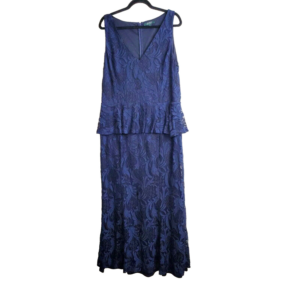 Ralph Lauren Womens 18 Kynelle Long Maxi Dress Formal‎ Lace Gown Wedding Navy